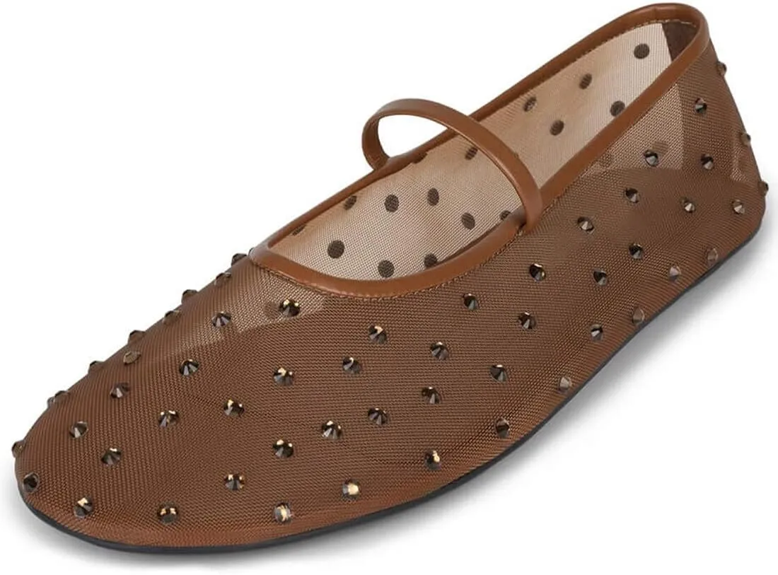 Divanne Mesh Ballet Flats for Women, Rhinestone Ballerina Shoes Crystal-Embellished Mary Jane Flats Mesh Flat Shoes