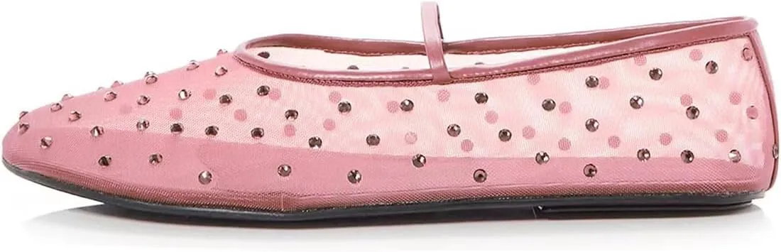 Divanne Mesh Ballet Flats for Women, Rhinestone Ballerina Shoes Crystal-Embellished Mary Jane Flats Mesh Flat Shoes