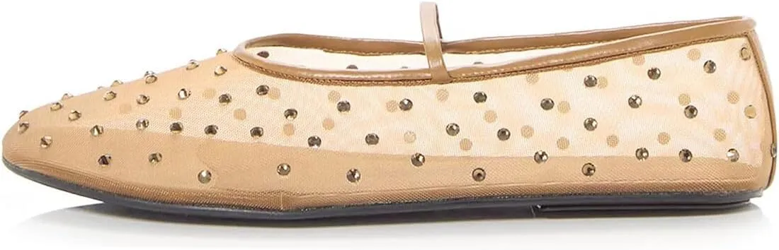 Divanne Mesh Ballet Flats for Women, Rhinestone Ballerina Shoes Crystal-Embellished Mary Jane Flats Mesh Flat Shoes