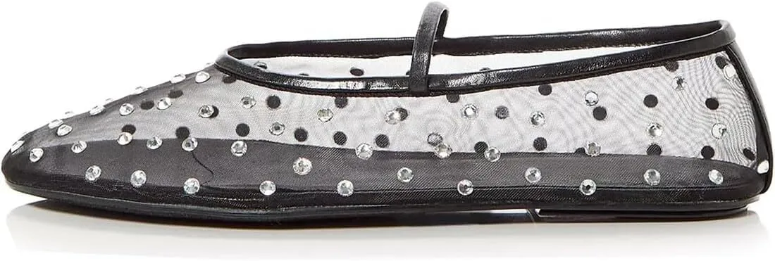 Divanne Mesh Ballet Flats for Women, Rhinestone Ballerina Shoes Crystal-Embellished Mary Jane Flats Mesh Flat Shoes
