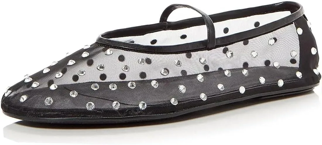 Divanne Mesh Ballet Flats for Women, Rhinestone Ballerina Shoes Crystal-Embellished Mary Jane Flats Mesh Flat Shoes