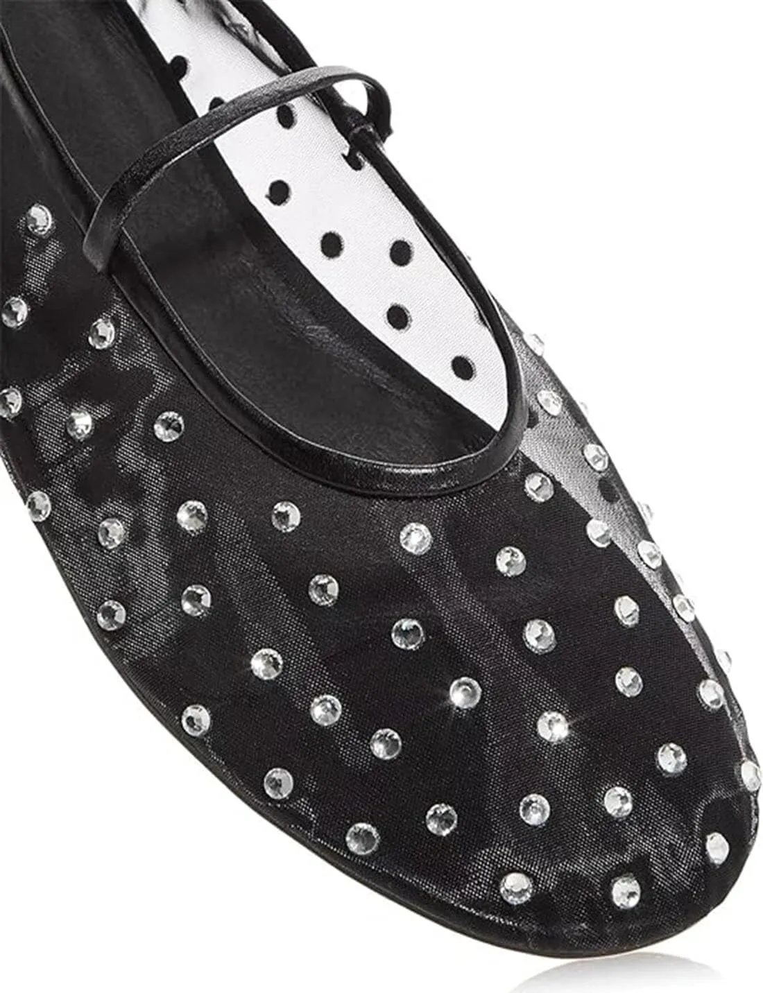 Divanne Mesh Ballet Flats for Women, Rhinestone Ballerina Shoes Crystal-Embellished Mary Jane Flats Mesh Flat Shoes