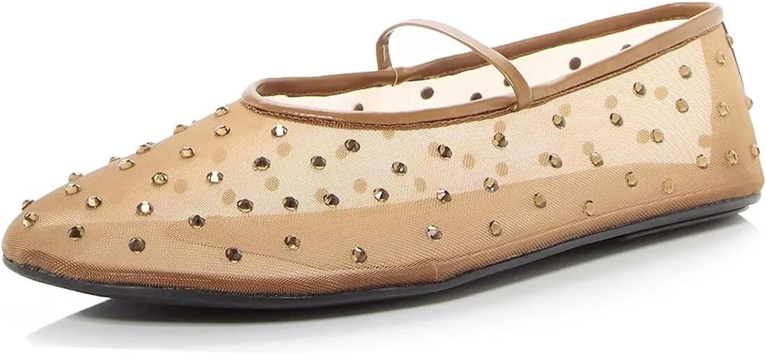 Divanne Mesh Ballet Flats for Women, Rhinestone Ballerina Shoes Crystal-Embellished Mary Jane Flats Mesh Flat Shoes