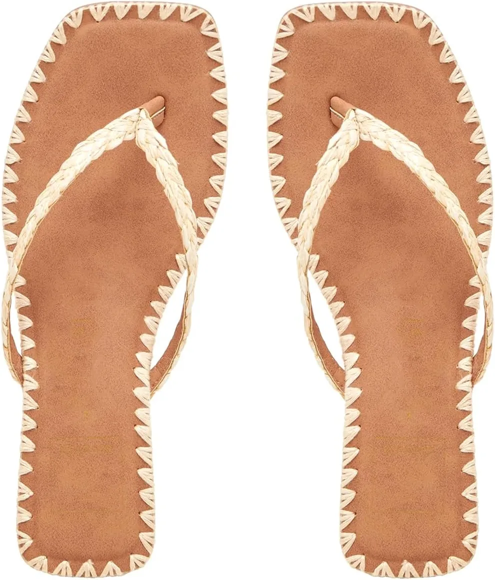 DOEYG Raffia Heels Sandals for Women Summer Beach Flip Flops Square Open Toe Flat Heeled Sandals Dressy Comfortable Slip on Thong Sandals