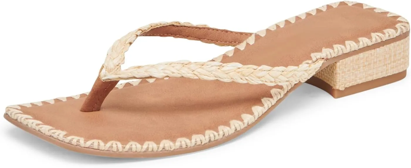DOEYG Raffia Heels Sandals for Women Summer Beach Flip Flops Square Open Toe Flat Heeled Sandals Dressy Comfortable Slip on Thong Sandals
