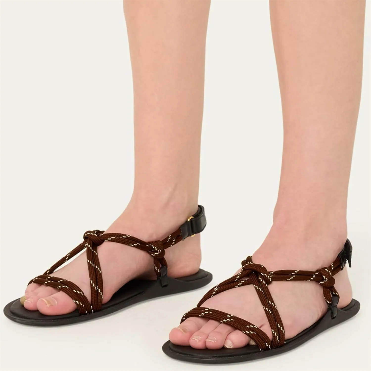 DOEYG Rope Flat Sandals for Women Beach Open Toe Thong Sandals Comfortable Dressy Summer Slip On Slide Sandals with Adjustable Buckle Strap