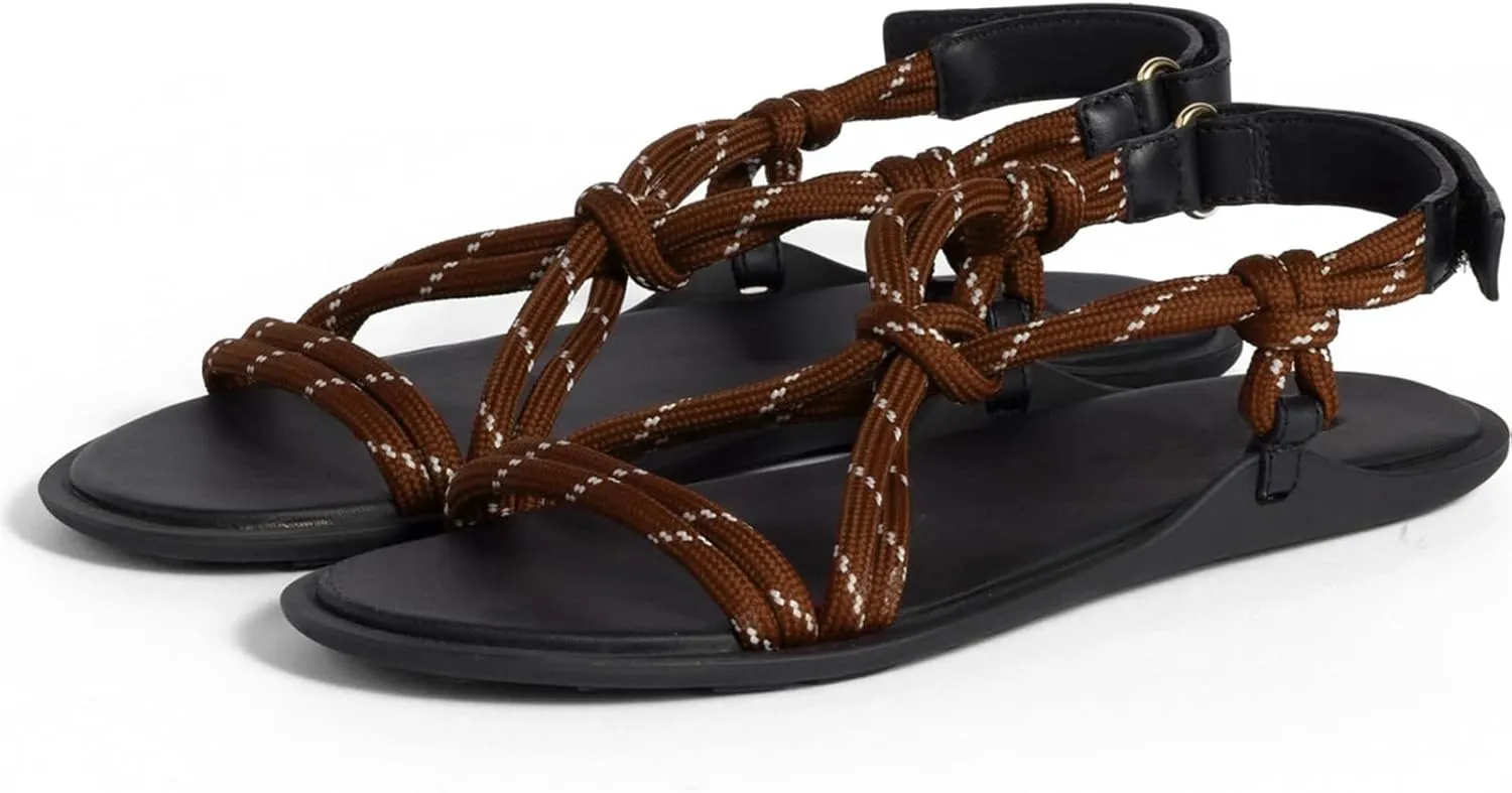 DOEYG Rope Flat Sandals for Women Beach Open Toe Thong Sandals Comfortable Dressy Summer Slip On Slide Sandals with Adjustable Buckle Strap