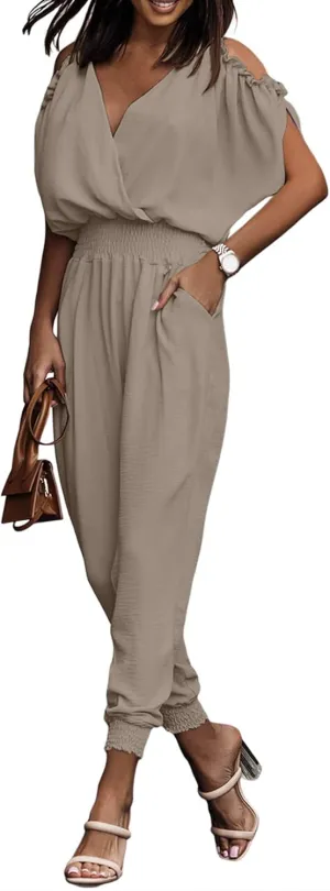 Dokotoo Jumpsuit for Womens Dressy Casual 2025 One Piece Romper Cold Shoulder Outfits for Summer