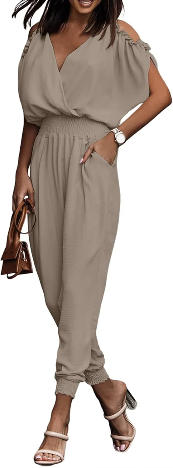 Dokotoo Jumpsuit for Womens Dressy Casual 2025 One Piece Romper Cold Shoulder Outfits for Summer