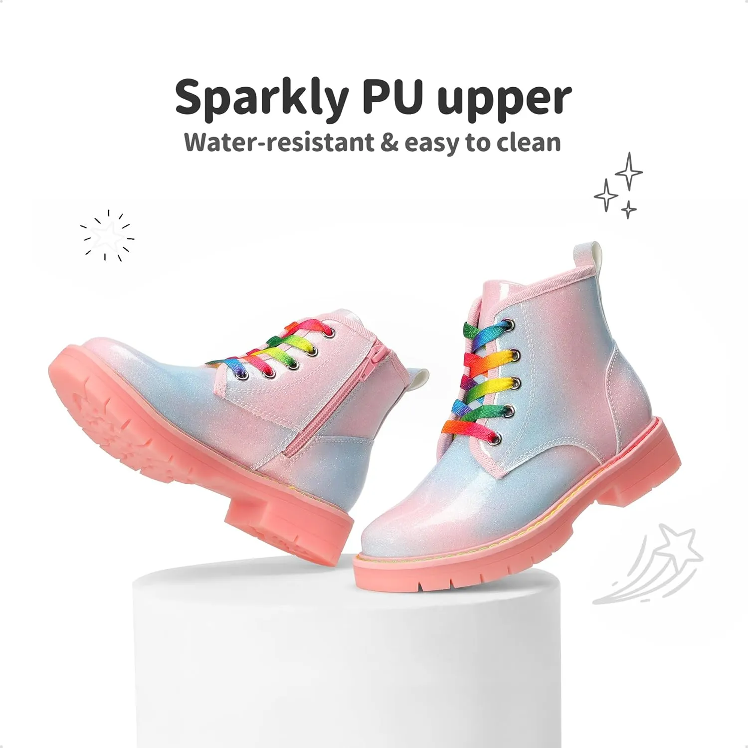 DREAM PAIRS Girls Boys Glitter Ankle Boots Side Zipper Combat Shoes with Lace Up for Toddler/Little Kid/Big Kid
