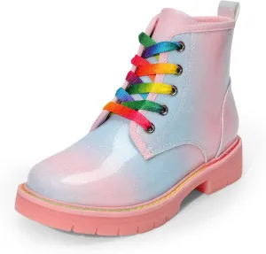 DREAM PAIRS Girls Boys Glitter Ankle Boots Side Zipper Combat Shoes with Lace Up for Toddler/Little Kid/Big Kid