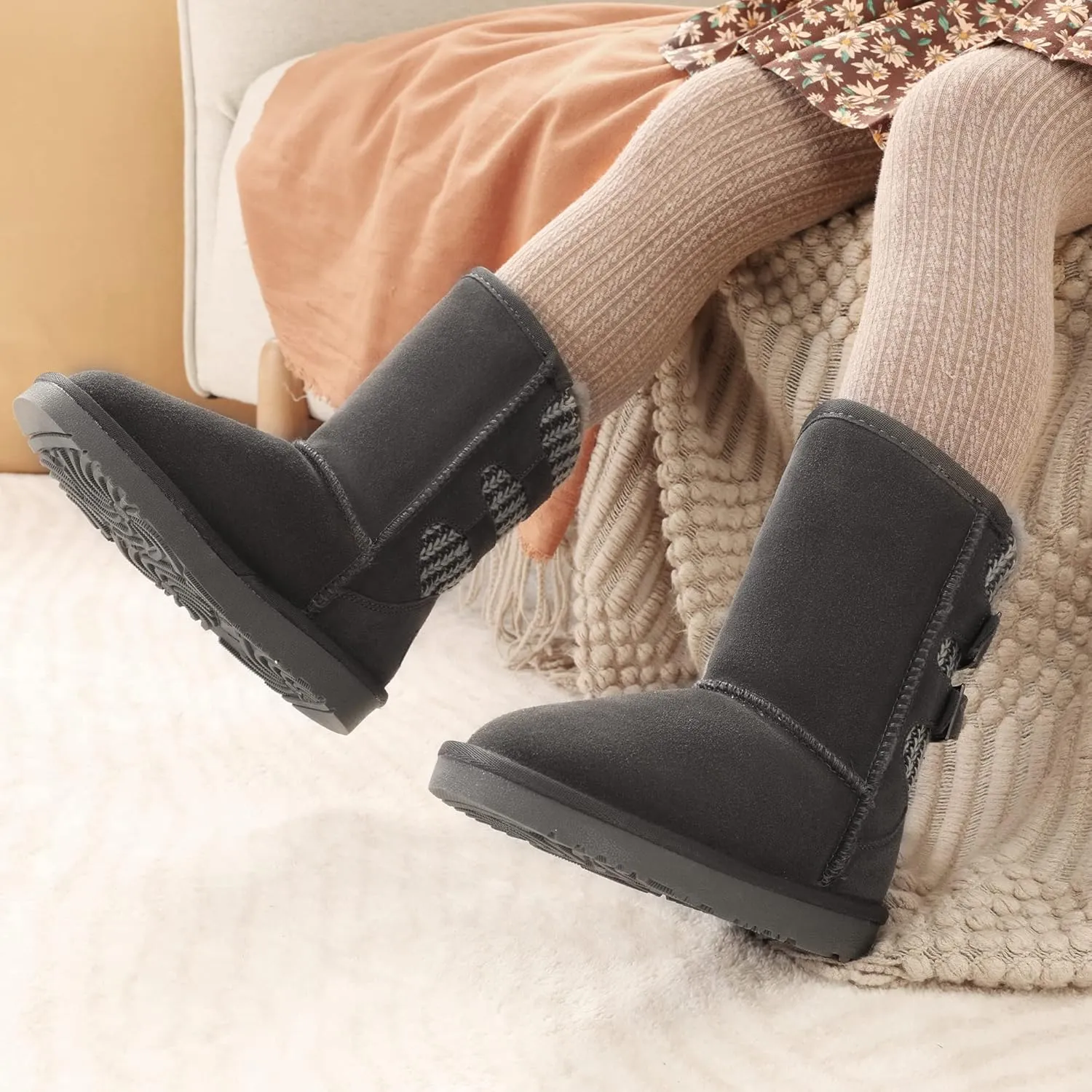 DREAM PAIRS Girls Boys Winter Boots Faux Fur Lined Mid Calf Kids Snow Tall Shoes FuzzyChic Kid's Buckle for Little Kid/Big Kid