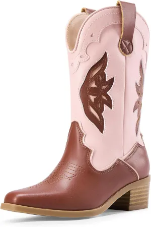 DREAM PAIRS Girls Cowgirl Cowboy Boots Western Fashion Mid Calf Boots
