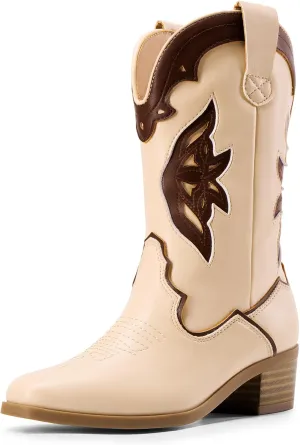 DREAM PAIRS Girls Cowgirl Cowboy Boots Western Fashion Mid Calf Boots