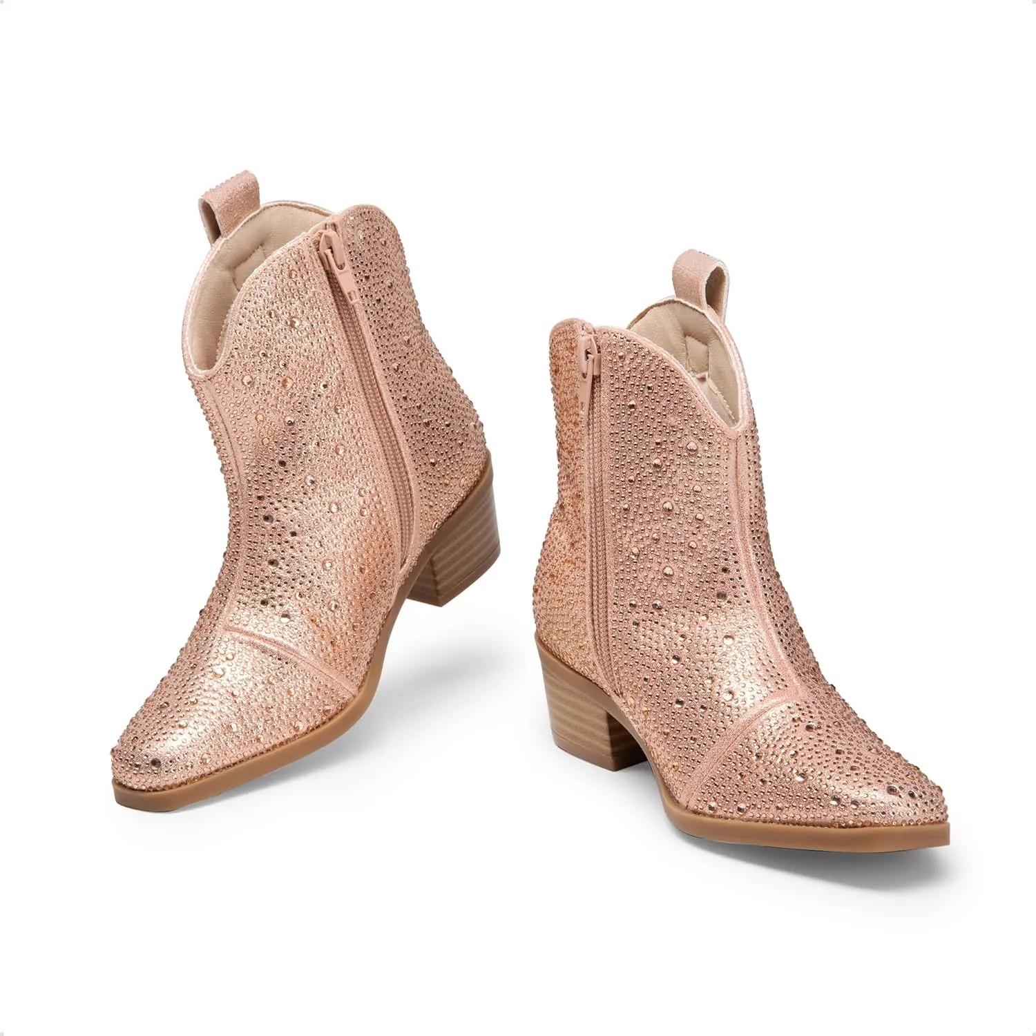 DREAM PAIRS Girls Cowgirl Cowboy Rhinestone Boots Ankle Low Heel Dress Booties