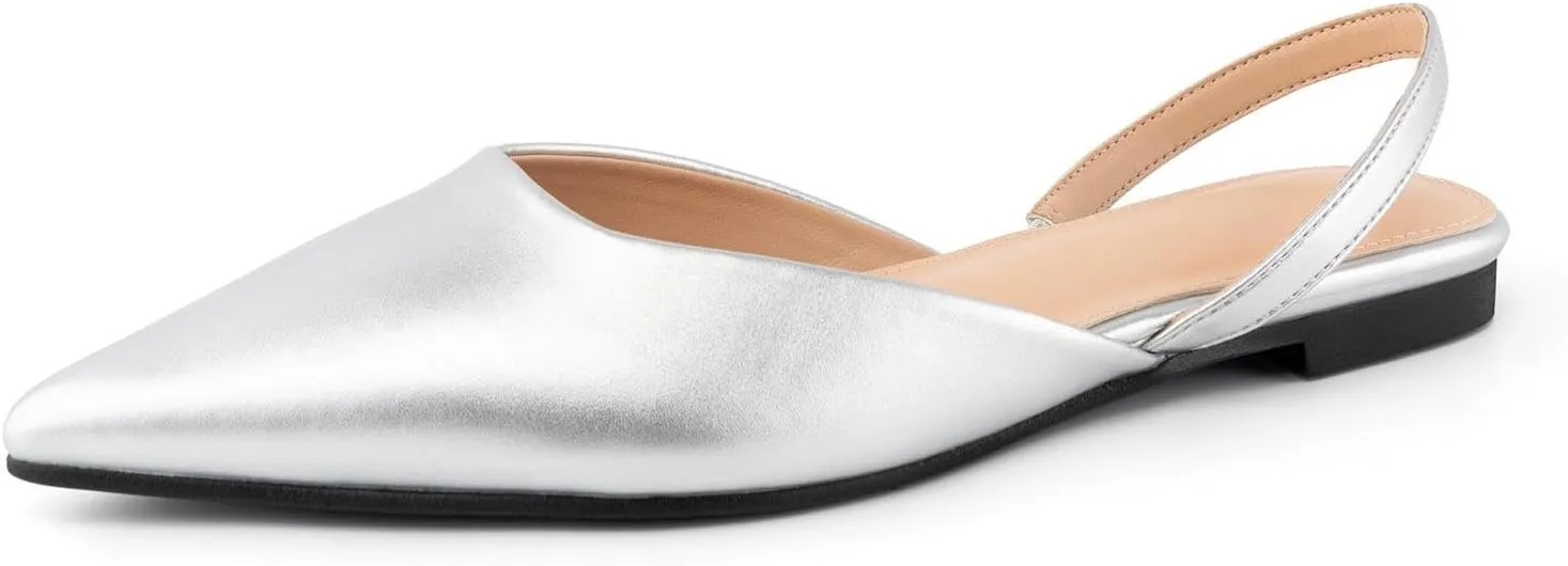 DREAMCIA Slingback Silver Flats for Women, Pointed-Toe Ballet Flats with Buckle Strap for Elegant Women，Classic Low Heel Dress Shoes for Casual Work Office Party（size 7）