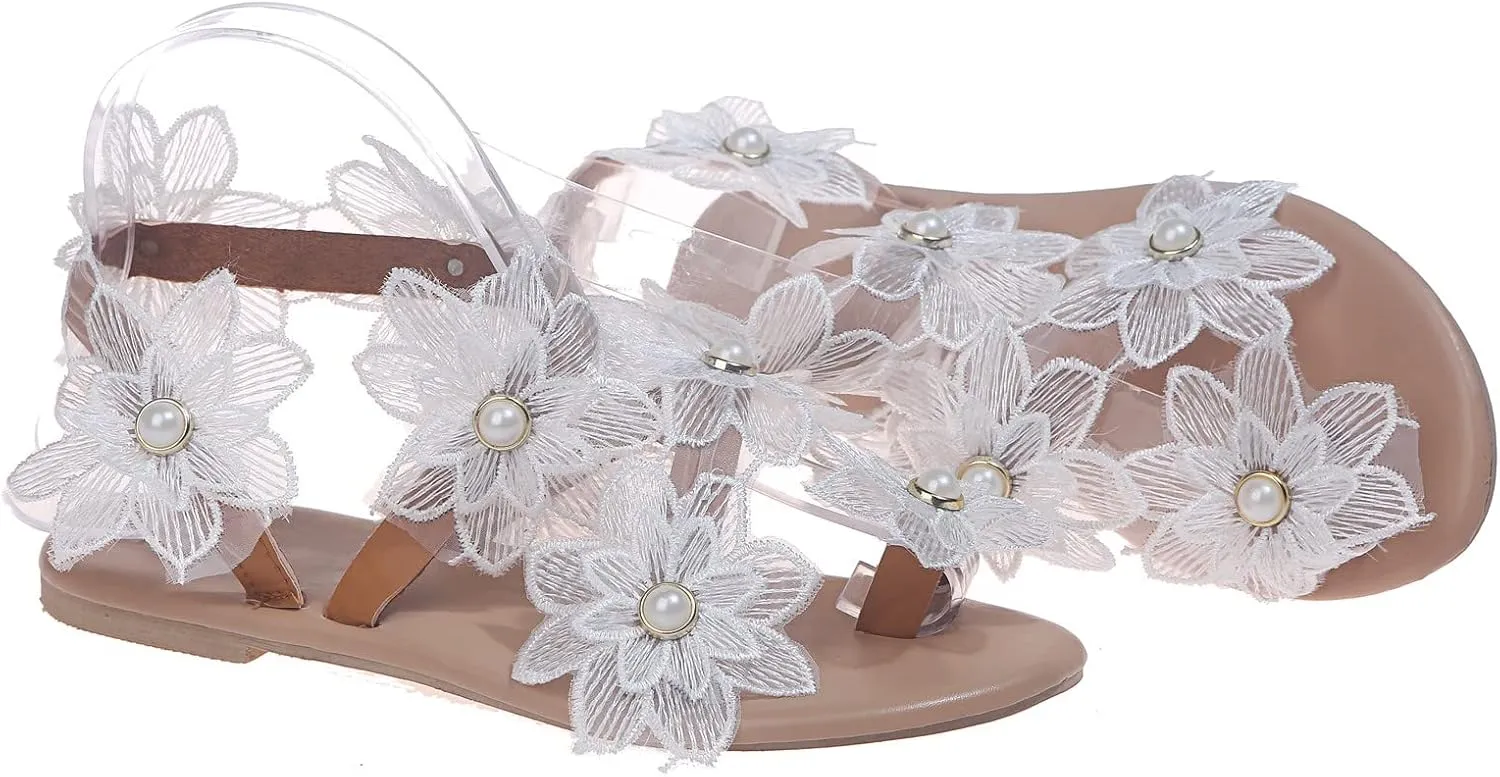 Dress Sandals for Women, Womens Sandals Bohemian Lace Sandals Summer Beach Flower Flat Sandals Open Toe Shoes