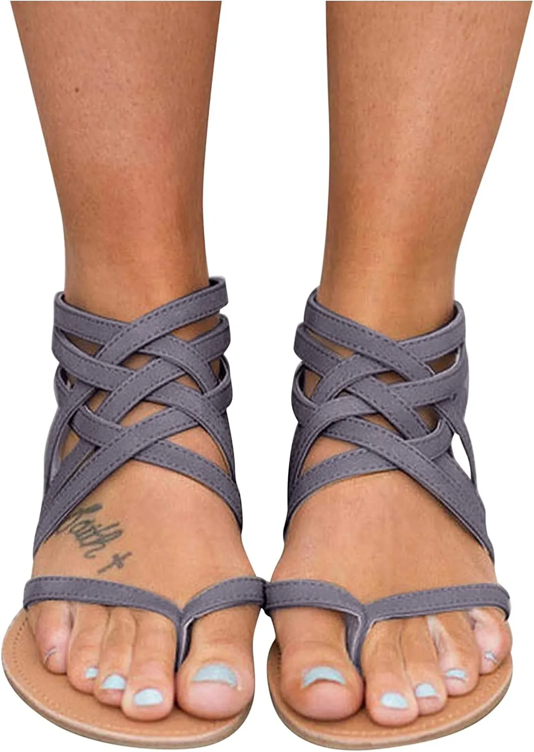 Dressy Flat Sandals for Women Criss Cross Flip Flops Anti-Slip Gladiator Solid Color Beach Falt Flat Sandals Women