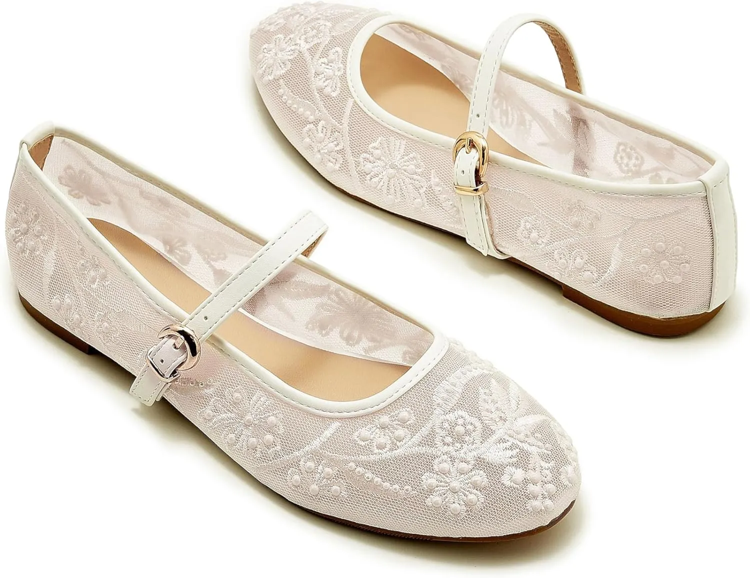 Embroidered Mesh Ballet Flat for Women Round Toe White Pearl Ballerina Shoes Buckle Strap Casual Comfortable Mary Jane Flats