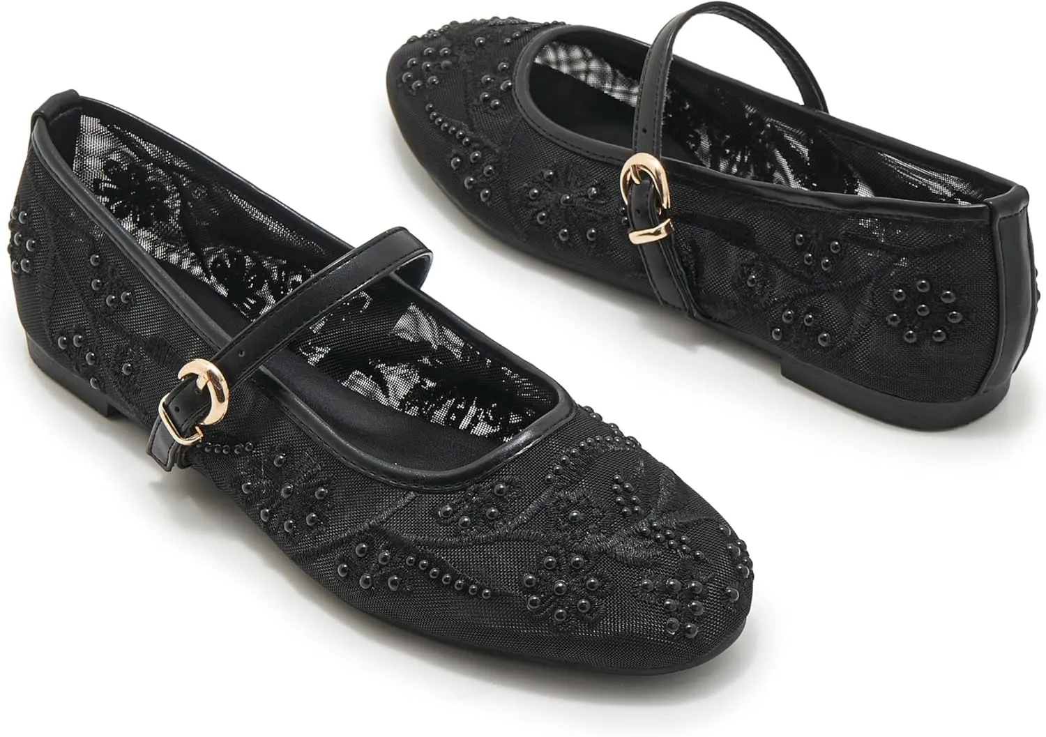 Embroidered Mesh Ballet Flat for Women Round Toe White Pearl Ballerina Shoes Buckle Strap Casual Comfortable Mary Jane Flats