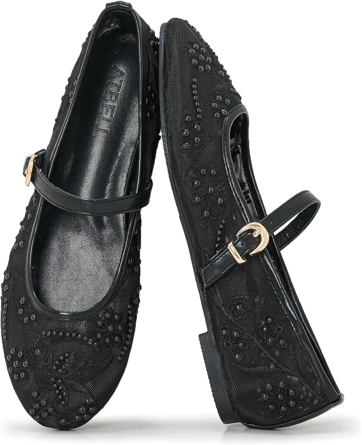 Embroidered Mesh Ballet Flat for Women Round Toe White Pearl Ballerina Shoes Buckle Strap Casual Comfortable Mary Jane Flats