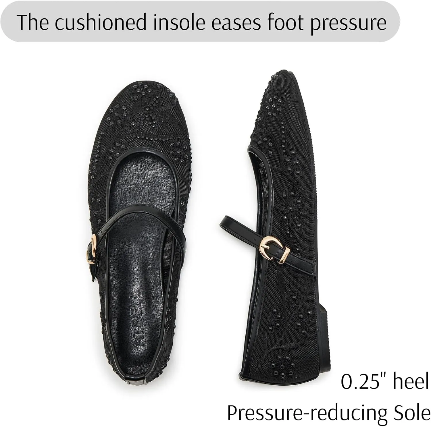 Embroidered Mesh Ballet Flat for Women Round Toe White Pearl Ballerina Shoes Buckle Strap Casual Comfortable Mary Jane Flats