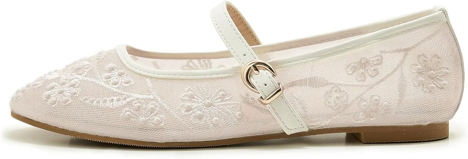 Embroidered Mesh Ballet Flat for Women Round Toe White Pearl Ballerina Shoes Buckle Strap Casual Comfortable Mary Jane Flats