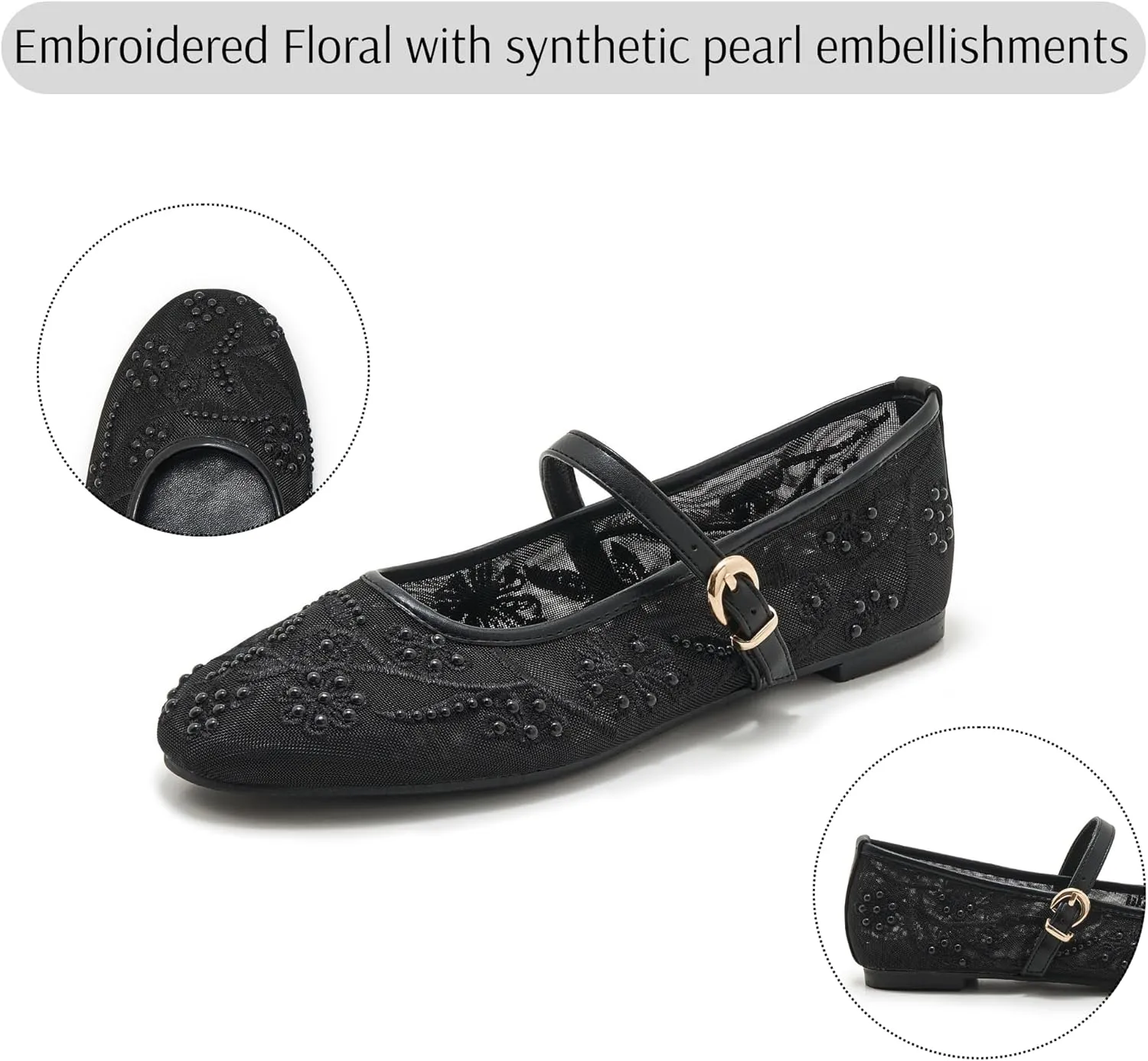 Embroidered Mesh Ballet Flat for Women Round Toe White Pearl Ballerina Shoes Buckle Strap Casual Comfortable Mary Jane Flats