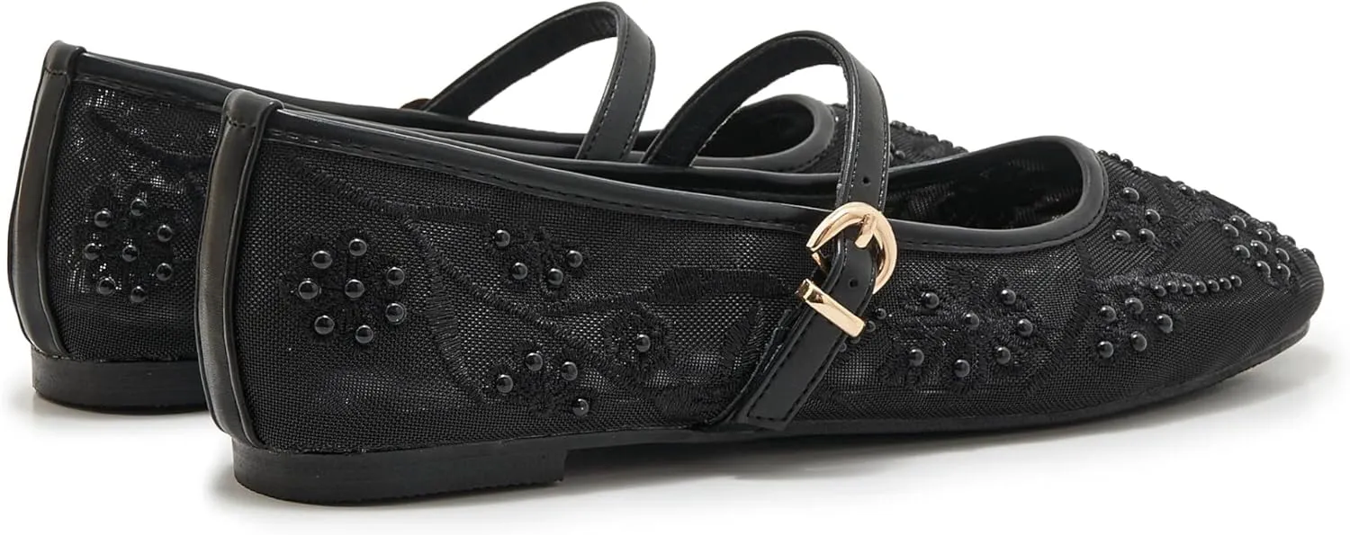 Embroidered Mesh Ballet Flat for Women Round Toe White Pearl Ballerina Shoes Buckle Strap Casual Comfortable Mary Jane Flats