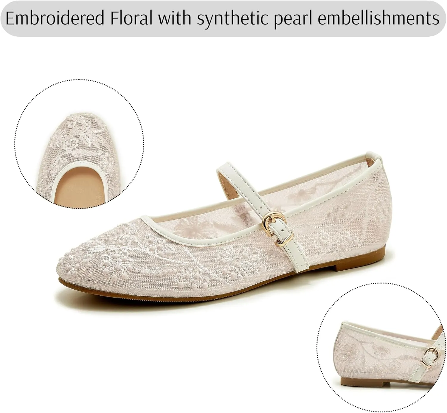 Embroidered Mesh Ballet Flat for Women Round Toe White Pearl Ballerina Shoes Buckle Strap Casual Comfortable Mary Jane Flats