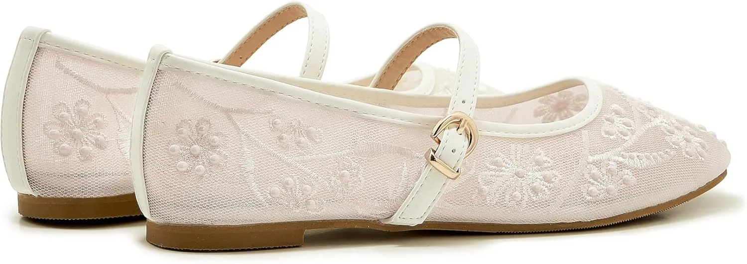 Embroidered Mesh Ballet Flat for Women Round Toe White Pearl Ballerina Shoes Buckle Strap Casual Comfortable Mary Jane Flats