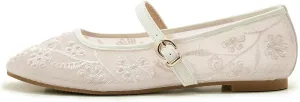 Embroidered Mesh Ballet Flat for Women Round Toe White Pearl Ballerina Shoes Buckle Strap Casual Comfortable Mary Jane Flats