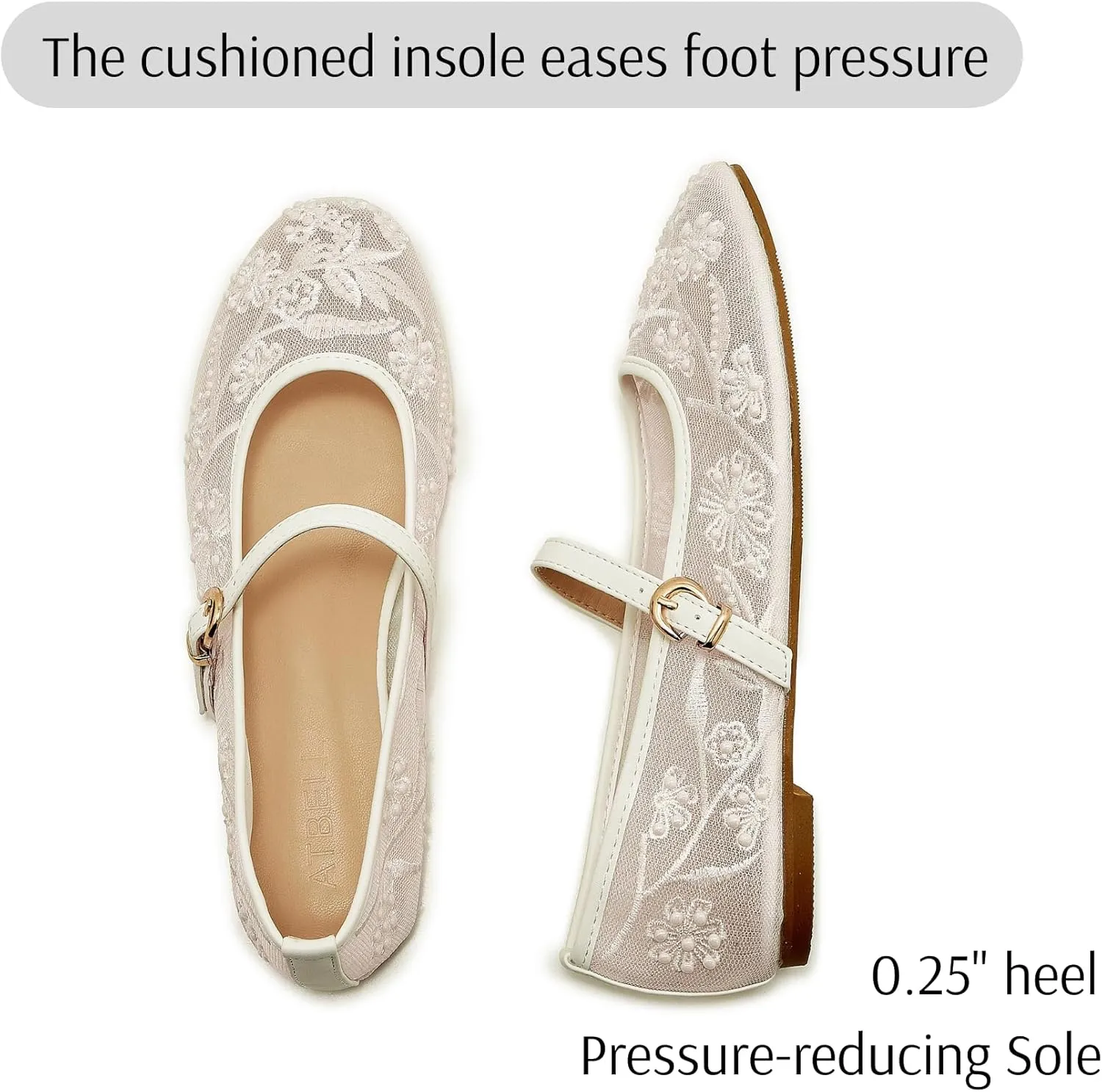 Embroidered Mesh Ballet Flat for Women Round Toe White Pearl Ballerina Shoes Buckle Strap Casual Comfortable Mary Jane Flats