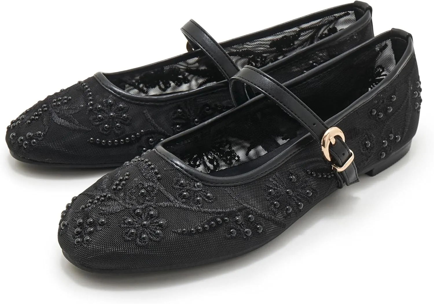 Embroidered Mesh Ballet Flat for Women Round Toe White Pearl Ballerina Shoes Buckle Strap Casual Comfortable Mary Jane Flats
