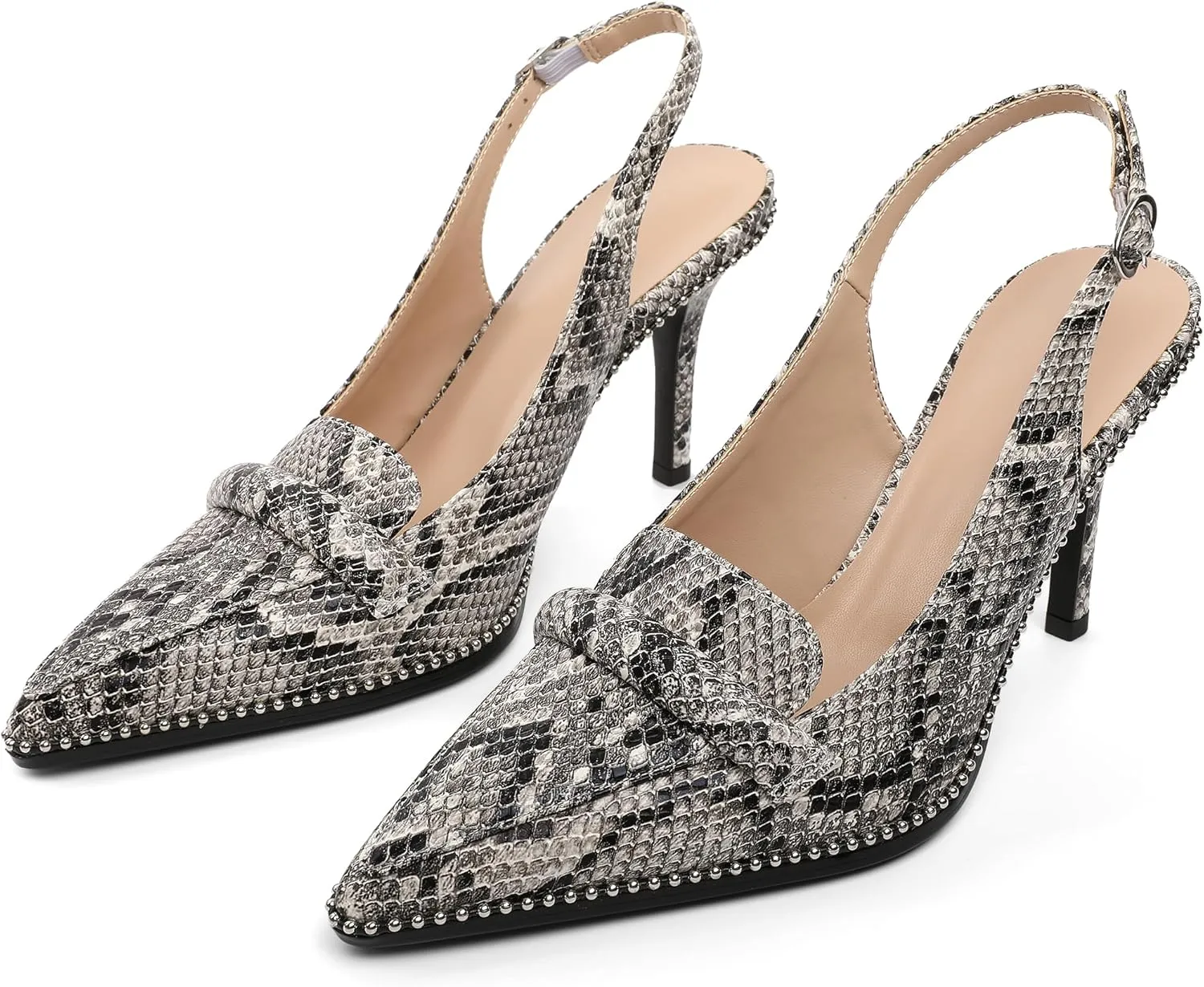 Esvowido Slingback Heels for Women Stilettos Beaded Pointed Toe Shoes Slip On Loafers Pumps High Heel Shoes for Women