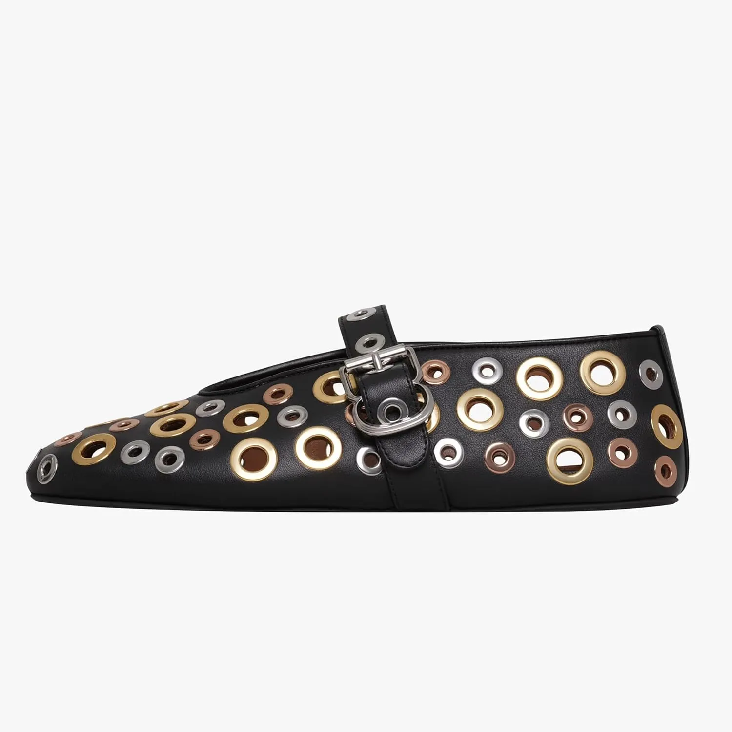 Fashion Buckle Ballet Flats Women's Delicate Metal Buckle with Rivet Holes Mary Jane Comfort Flats