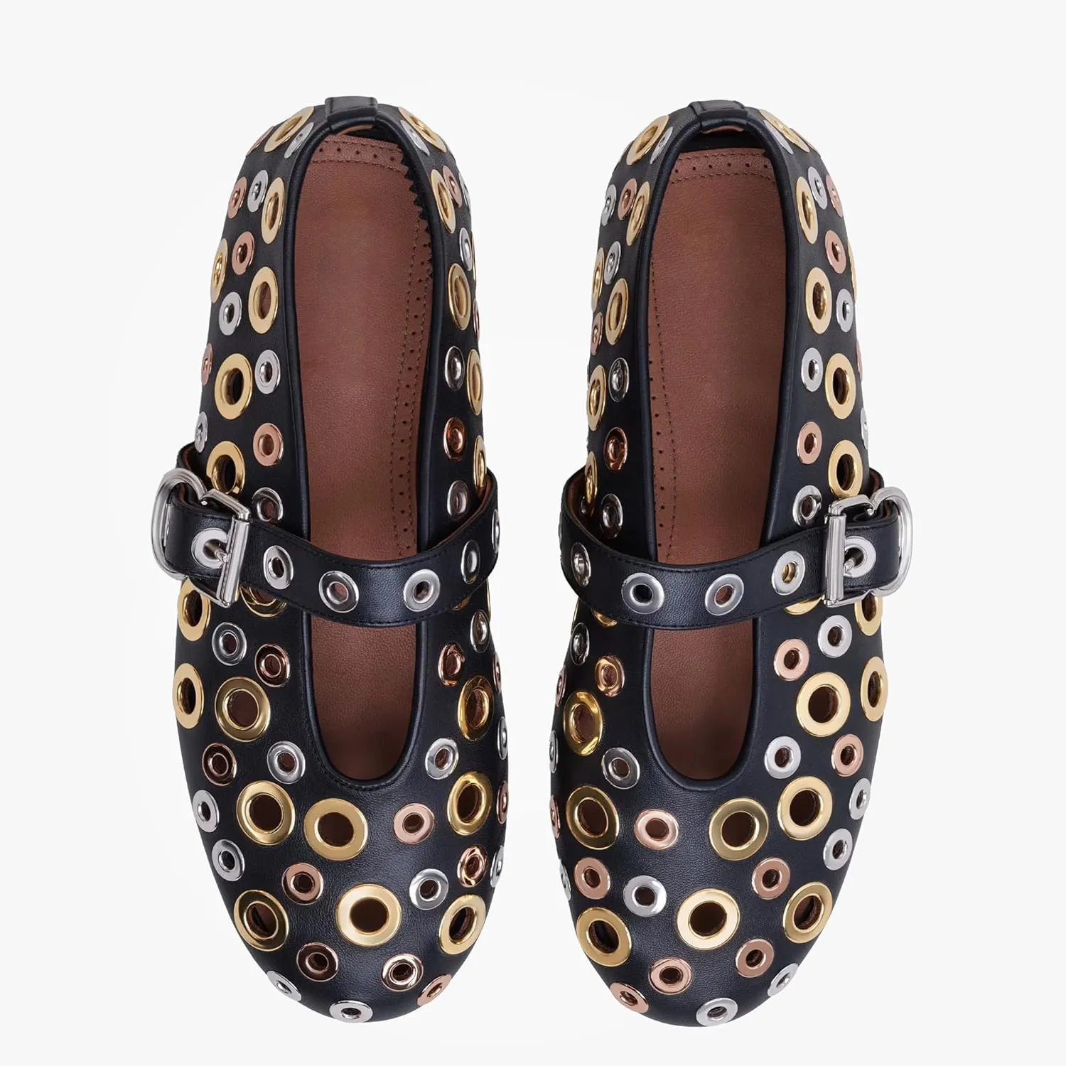 Fashion Buckle Ballet Flats Women's Delicate Metal Buckle with Rivet Holes Mary Jane Comfort Flats