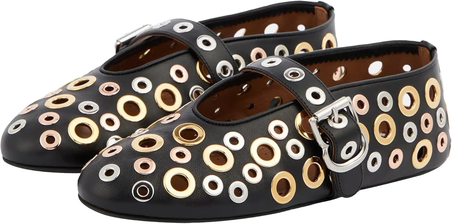 Fashion Buckle Ballet Flats Women's Delicate Metal Buckle with Rivet Holes Mary Jane Comfort Flats