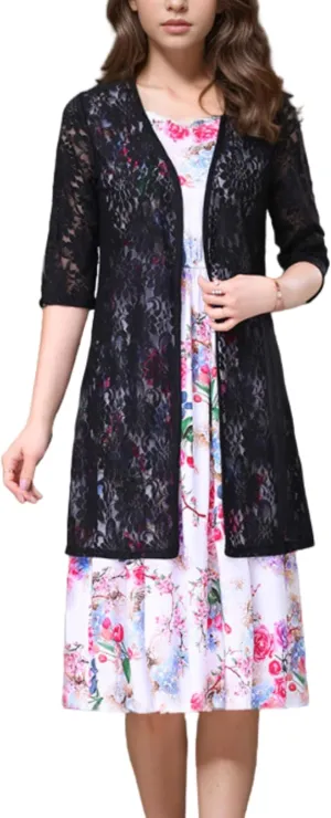 FindThy Women’s Short Sleeve Lace Cardigan Floral Crochet Sheer Beach Cover Up Long Kimono