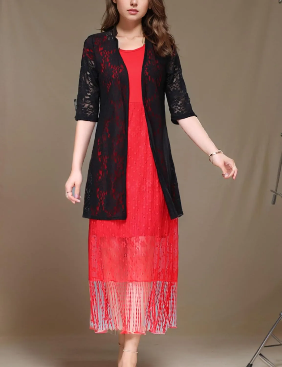 FindThy Women’s Short Sleeve Lace Cardigan Floral Crochet Sheer Beach Cover Up Long Kimono
