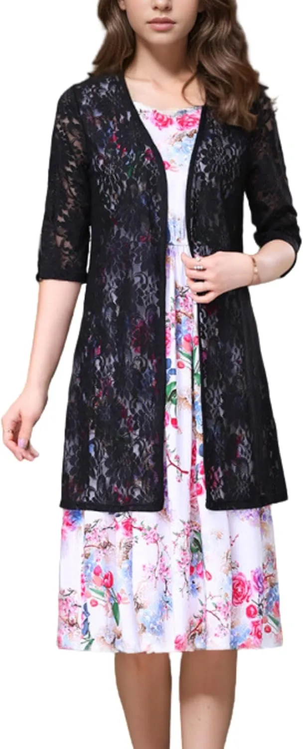FindThy Women’s Short Sleeve Lace Cardigan Floral Crochet Sheer Beach Cover Up Long Kimono