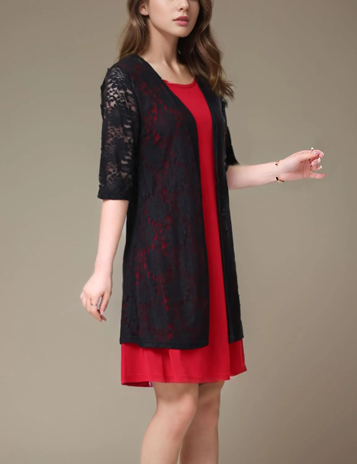 FindThy Women’s Short Sleeve Lace Cardigan Floral Crochet Sheer Beach Cover Up Long Kimono