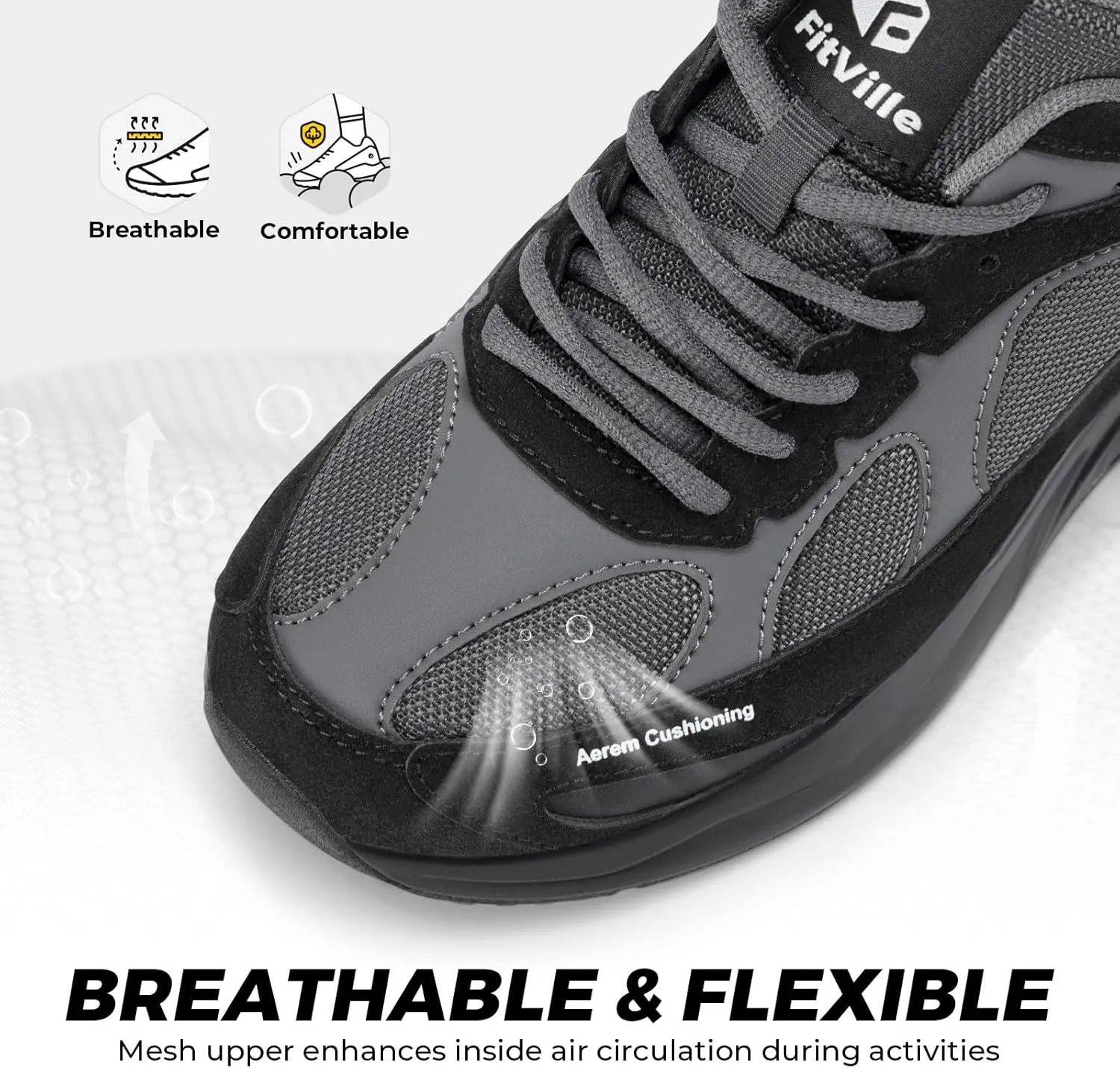 FitVille Women's Wide Walking Shoes Extra Wide Width Air Cushion Sneakers Gym Shoes for Shock Absorption Heel Pain Relief - HeelAero V1