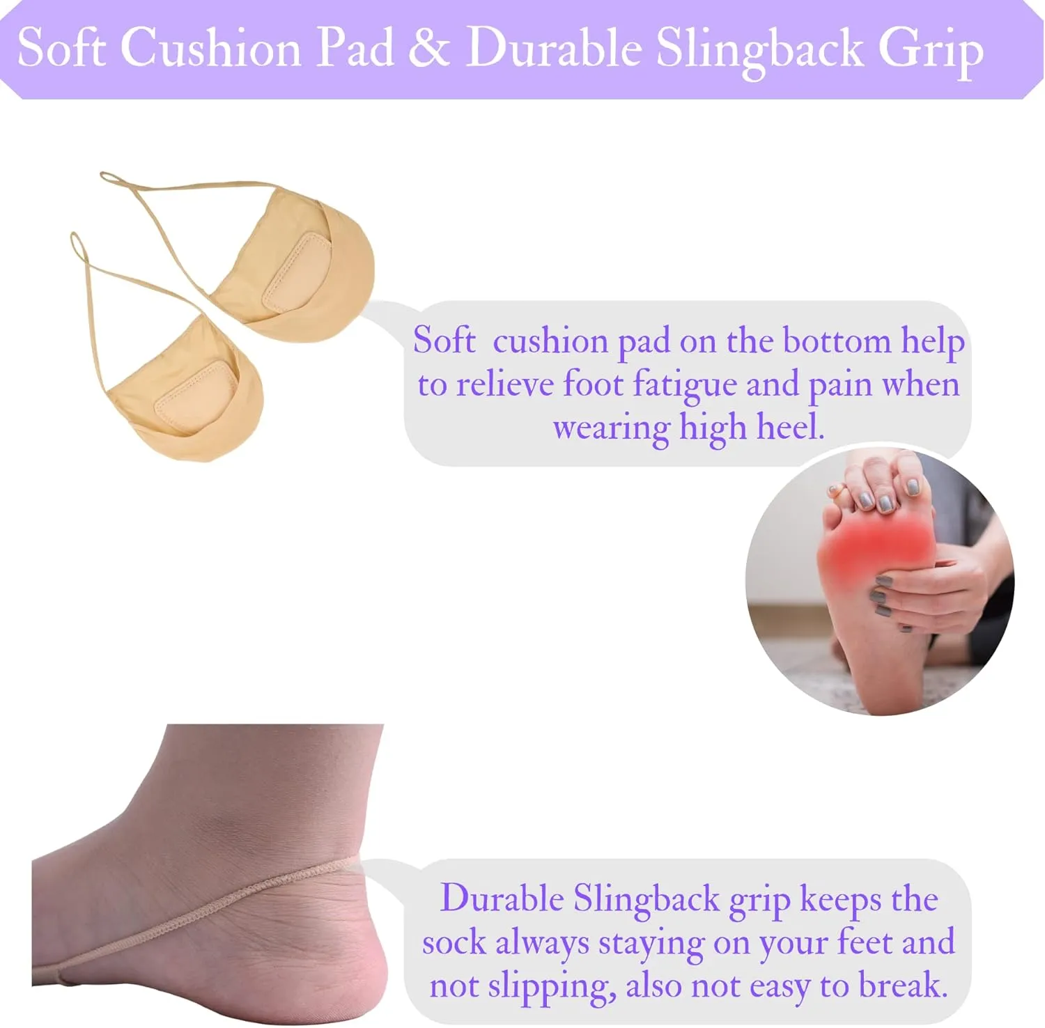 Flammi 6 Pairs Women Ball of Foot Cushion Socks Ultra Low Cut Liner Socks with Sling No Show Padded Half Socks for Heels