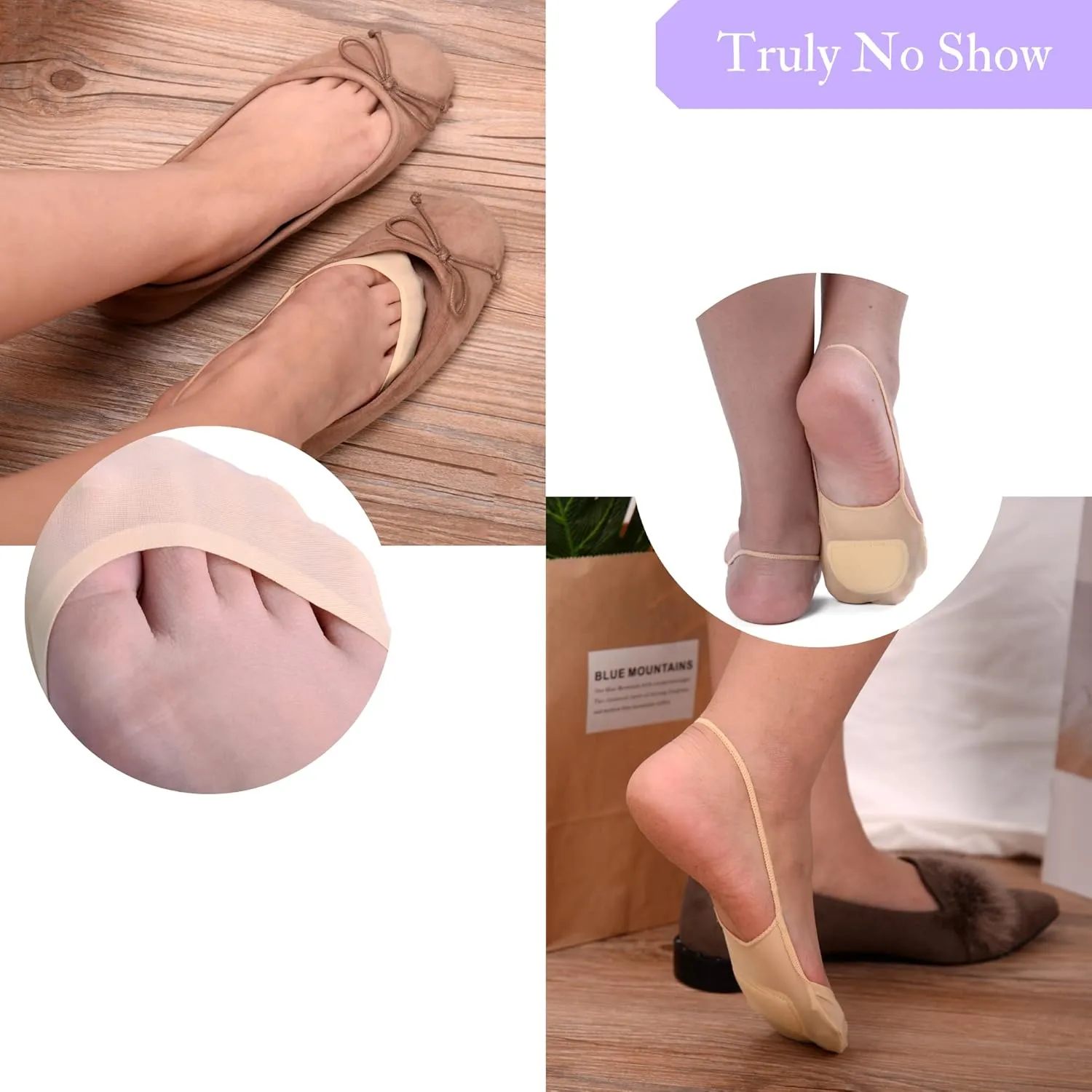 Flammi 6 Pairs Women Ball of Foot Cushion Socks Ultra Low Cut Liner Socks with Sling No Show Padded Half Socks for Heels