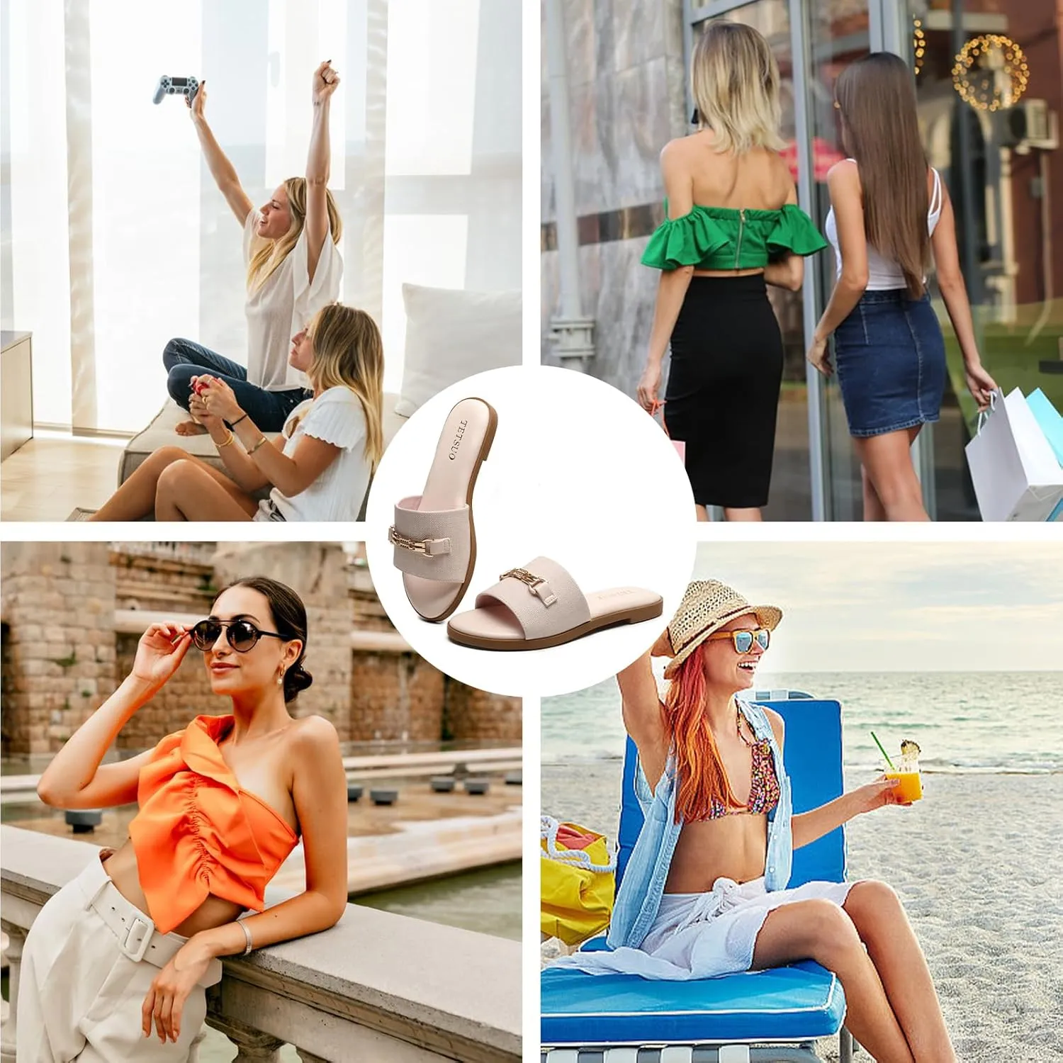 Flat Sandals for Women 2025 Slide Sandals Summer Fashion Women Dressy Slip on Shoes for Party Wedding Vacation Beach Walking Square Open Toe Shoes