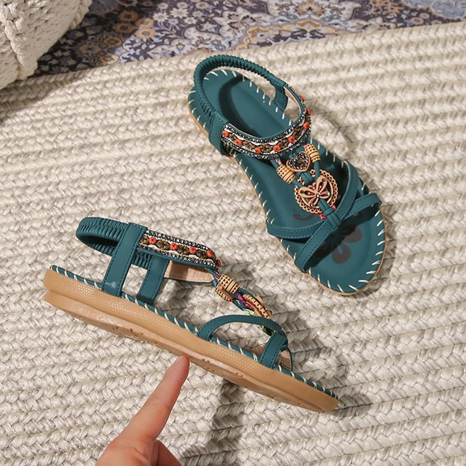 Flat Sandals for Women Dressy Comfort Walking with Non Slip Casual Summer Beach Ankle Elastic Jeweled Bohemian Shoes