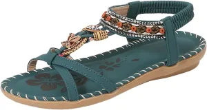 Flat Sandals for Women Dressy Comfort Walking with Non Slip Casual Summer Beach Ankle Elastic Jeweled Bohemian Shoes