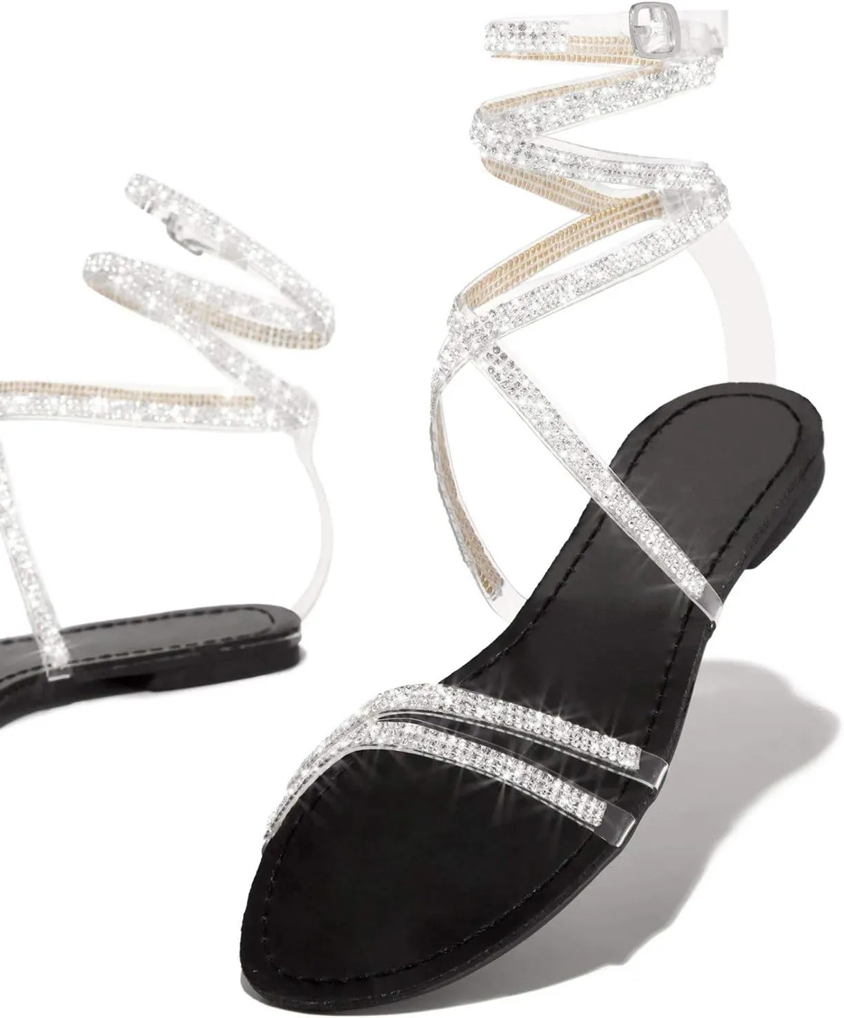 Flat Sandals for Women, Sparkly Silver Sandals Woman Dressy Summer, Rhinestone Sandals Flower Beach Flip Flops Elegant Bridal Sandals Toe Ring Strappy Wedding Sandals for Bride (a-Black, 8)