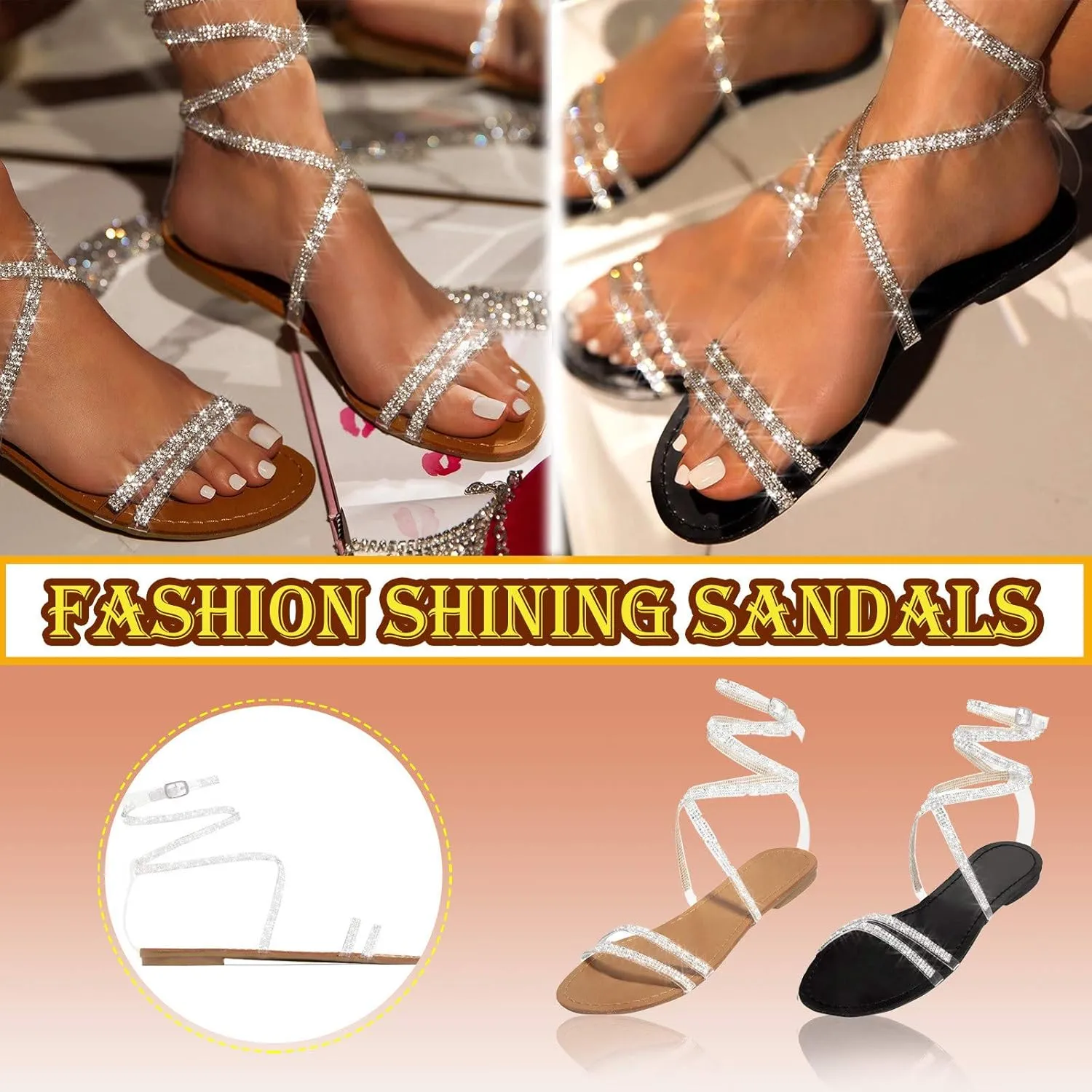 Flat Sandals for Women, Sparkly Silver Sandals Woman Dressy Summer, Rhinestone Sandals Flower Beach Flip Flops Elegant Bridal Sandals Toe Ring Strappy Wedding Sandals for Bride (a-Black, 8)